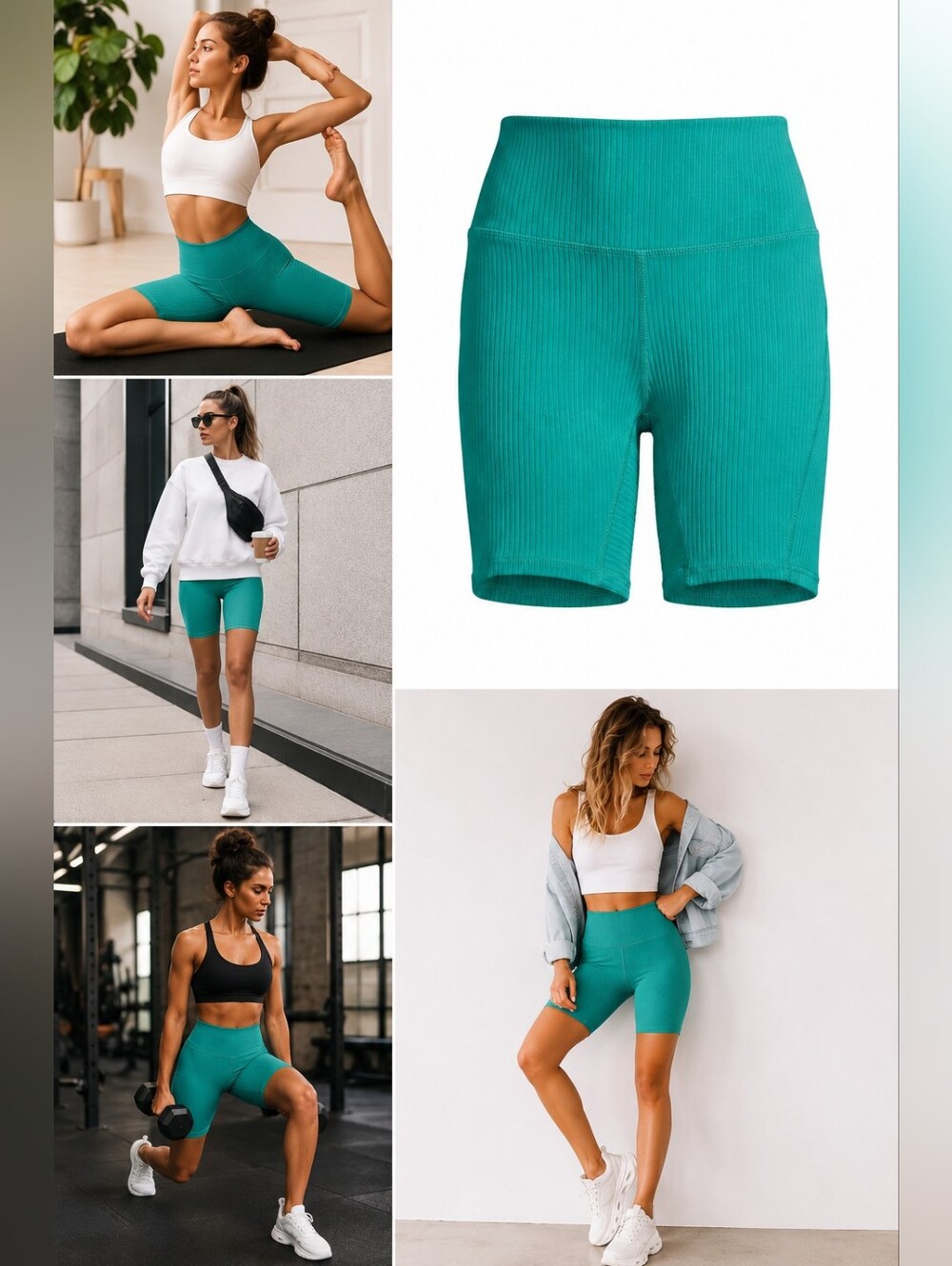 NEW WSLY Ribbed Rivington 7" Biker Shorts Seagrass Green High-Rise Stretch